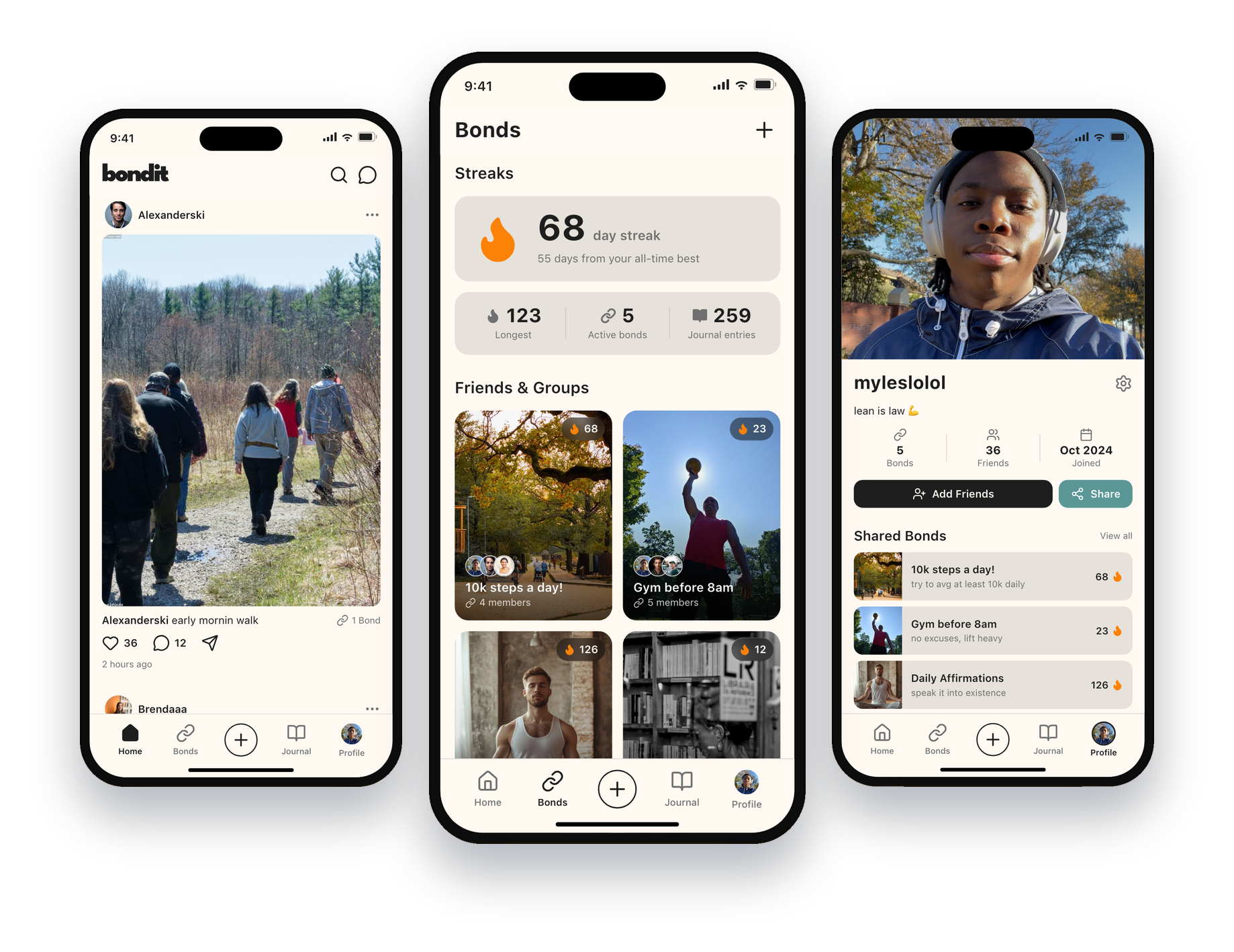 Bondit app — three phone screens