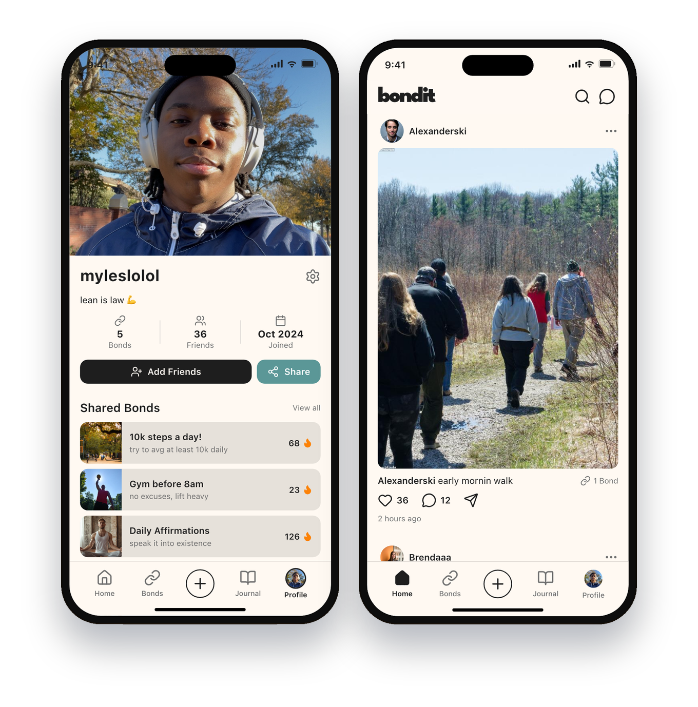 Bondit profile and feed screens