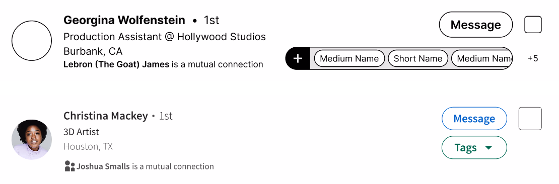 Connection-card iterations — a bold distinct tag component versus a refined Tags button